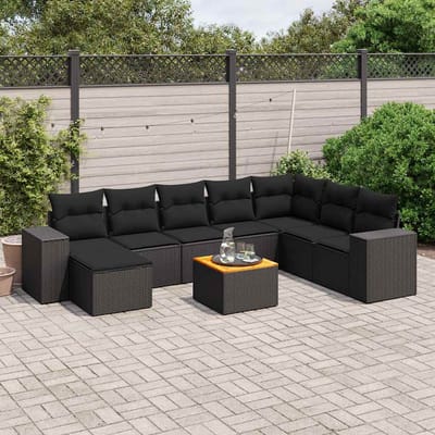 vidaXL - 9-delige - Loungeset - met - kussens - poly - rattan - zwart