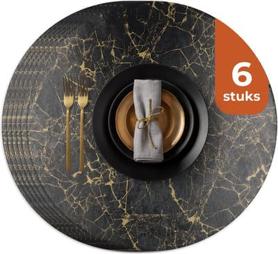 Castagnola Lederlook Placemats - Ronde Placemats - Antislip Placemat van Kunstleer - Waterafstotende Onderlegger - Onderzetter - 6 Stuks - Diameter 38 cm - Zwart/Goud