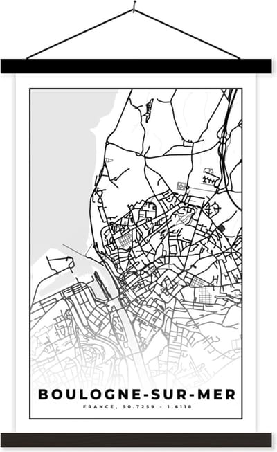 Posterhanger incl. Poster 40x60 cm - Schoolplaat - Kaart – Stadskaart – Frankrijk – Plattegrond - Boulogne-sur-Mer - Zwart wit - Textielposter - Zwarte latten - Stadskaart
