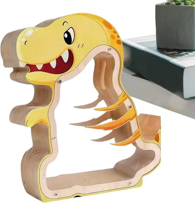 Houten Dinosaurus Spaarpot - Geldkist Decoratie - Kinderen Leren Sparen - Inclusief Hangslot - 19.8 x 19.8 x 4.2 cm