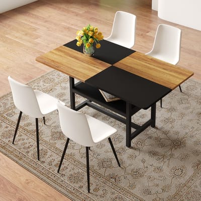 MODENUIT Eettafelset 160 Cm - Met Opbergplank En 4 Stoelen - Voor Eetkamer En Keuken - MDF Metaal PU - Bruin Wit