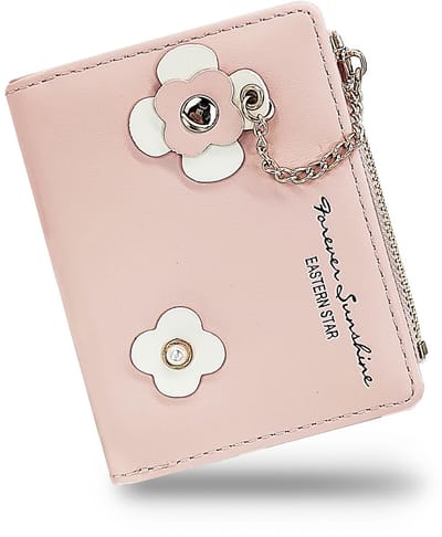Dailygoods - Andiker Kleine portemonnees voor vrouwen, PU-leer, compacte bi-vouw-damesportemonnee met ritssluiting, muntvak, prachtige damesportemonnee met bloemengesp design, roze, 11.5*9*1.5 cm, Casual