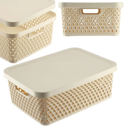 KADAX Opbergmand, mand met deksel, opbergkist, opbergdoos van plastic, moderne plankmand, container met ventilatiegaten (12 l, beige)