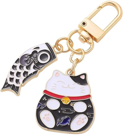 Sleutelhanger Maneki Neko I Leuke Japanse Sleutelhouder I Lucky Cat Sleutelhouder I Sleutelhanger Geluk I Zwaaiende Kat I Zwart/Wit