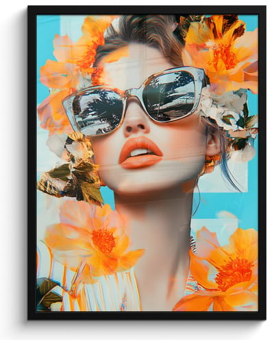 Poster in lijst - Fotolijst 60x80 cm - Posters - Bloemen - Vrouw - Zonnebril - Blauw - Posterlijst zwart - Decoratie - Wanddecoratie woonkamer - Muurdecoratie slaapkamer