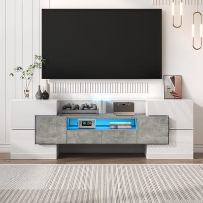 Pugsdrly Kast TV meubel Laag glanzend wit 145 cm LED verlichting woonkamer meubel Elegant glazen blad Grijs