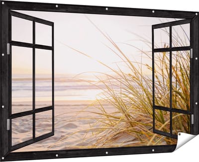 Gards Tuinposter Doorkijk Strand en Duinen tijdens Zonsondergang - 180x120 cm - Tuindoek - Tuindecoratie - Wanddecoratie buiten - Tuinschilderij