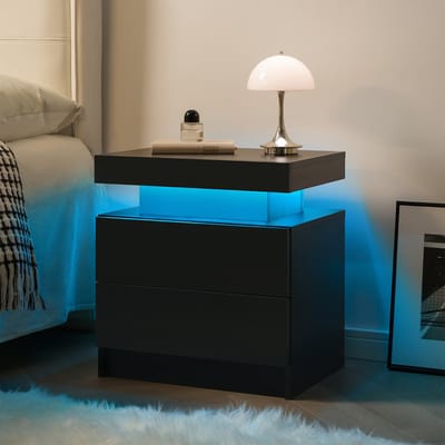 STILVORA Nachtkastje - Met Instelbare Meerkeuren Ledverlichting - Met Open Vak En 2 Lades Voor Slaapkamer En Woonkamer - Hout - Zwart