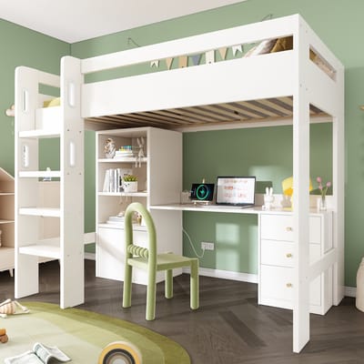 MODFU - Hoogslaper 90x200 cm – Wit MDF/spaanplaat met bureau & USB/Type-C – EN747