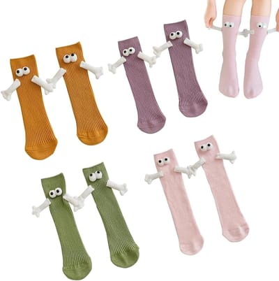 4 Paar Magnetische Hand-Sokken voor Valentijnsdag - Grappig Cadeau voor Verjaardagen - Set van Lief & Humoristische Sokken in Paars, Groen en Roze