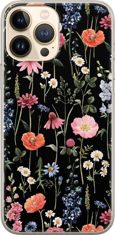 Leuke Telefoonhoesjes - Hoesje geschikt voor iPhone 13 Pro Max - Dark flowers - Soft case - TPU - Bloemen - Zwart
