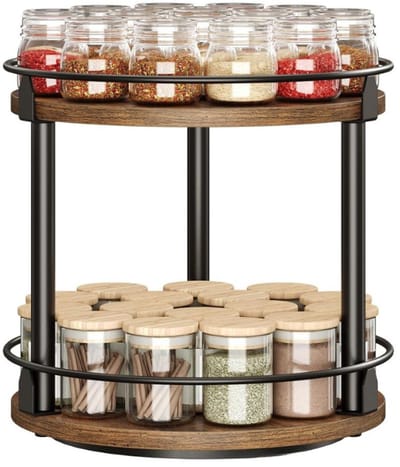Livista Draaibaar Kruidenrek – 2 Lagen – Kruiden Organizer – Met 360° Rotatie – Keuken Organizer – Zwart/Hout