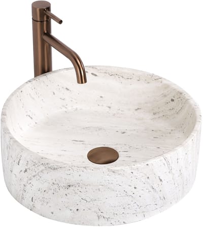 Rea - Opzetwastafel Destiny Kunststeen (Kunstmatig Composietsteen), Wit, Ecru, Imitatiesteen, Ronde - 39,5 x 39,5 x 13,5 cm