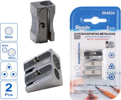 Decopatent - 2-DELIGE Metalen Puntenslijpers SET - 1x Normale & 1x Dubbele Puntenslijper - Puntenslijper voor Dunne en Dikke Potloden / Kleurpotloden / Oogpotlood - Metaal - Pencil Sharpener - Stelam punten slijpers voor kinderen en volwassenen