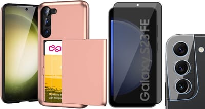 Hoesje met Pasjeshouder geschikt voor Samsung Galaxy S23 FE - Privacy Screenprotector FullGuard & Camera Lens Screen Protector - Back Cover SlideCase Roségoud
