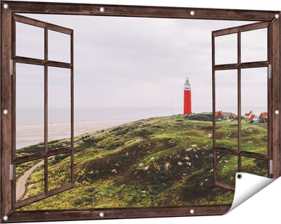 Gards Tuinposter Doorkijk Vuurtoren Texel - 120x80 cm - Tuindoek - Tuindecoratie - Wanddecoratie buiten - Tuinschilderij