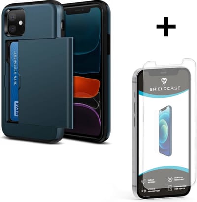 ShieldCase Kaarthouder case met slide geschikt voor Apple iPhone 12 Mini - hoesje met ruimte voor pasjes - pasjeshouder - hardcase - blauw + glazen Screen Protector