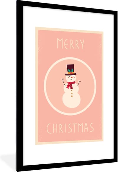 Fotolijst incl. Poster - Sneeuwpop - Quotes - Kerst - Merry christmas - Roze - Winter - 80x120 cm - Posterlijst - Kerstmis Decoratie - Kerstversiering - Kerstdecoratie Woonkamer