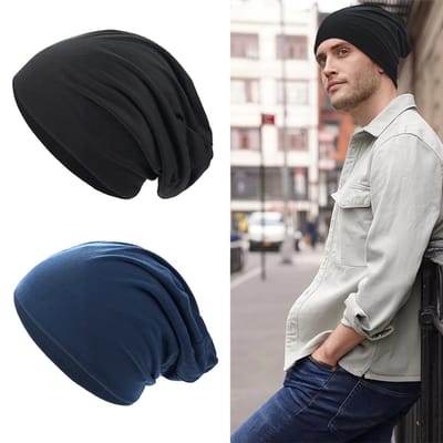 2 stuks slouchy mutsen voor mannen en vrouwen, elastische effen hoed, hiphop mutsen, zachte chemo mutsen, lichtgewicht hardloopmutsen (Zwart + Marineblauw)