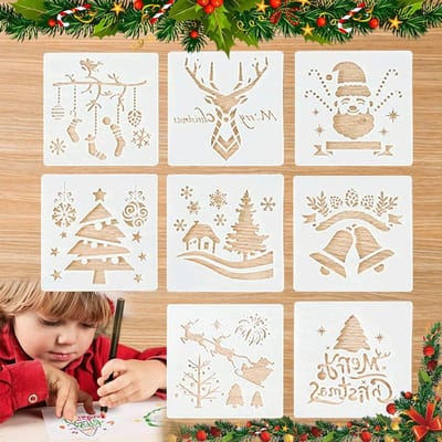 Christmas Sjablonen voor Schilderen, Herbruikbare Tekenstencils voor Scrapbooking en DIY Kerstkaarten, 8 Stuks voor Kinderen en Creatieve Projecten