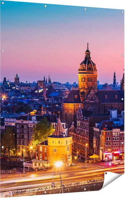 Gards Tuinposter Amsterdam Skyline bij Zonsondergang - 120x160 cm - Tuindoek - Tuindecoratie - Wanddecoratie buiten - Tuinschilderij