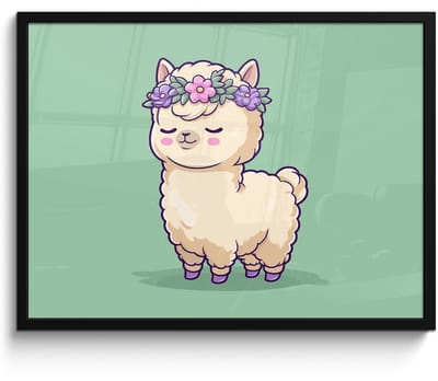 Poster in lijst - Fotolijst 80x60 cm - Posters - Alpaca - Groen - Bloemendiadeem - Posterlijst zwart - Decoratie - Wanddecoratie woonkamer - Muurdecoratie slaapkamer