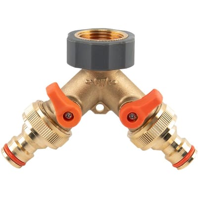 Bradas BRASS SOFT T-stuk – 2 x 3/4" Uitgang met kleppen – 3/4" Binnendraad Kraanaansluiting – Inclusief snelkoppelingen – Waterverdeler