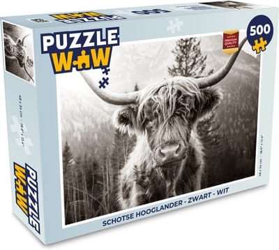 Puzzel Schotse hooglander - Zwart - Wit - Legpuzzel - Puzzel 500 stukjes