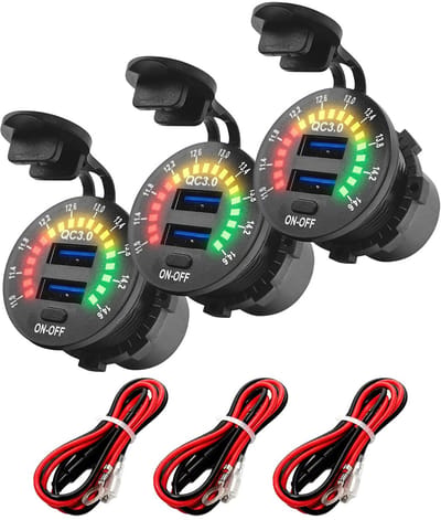 ProRide 12V USB Wandcontactdoos Inbouw - 2 USB Poorten - Schakelaar - Voltmeter - QC3.0 - Kabel en Zekering - 3 stuks