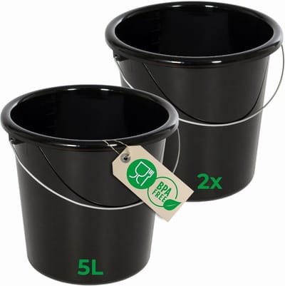 Novaliv 2 stuks emmer 5L zwart met maatverdeling - schoonmaak emmer 5 liter? 22,5 cm Praktische alleskunner met schaalverdeling voor huishouden & tuin ideaal als huishoudemmer, wateremmer, dweilemmer, emmer