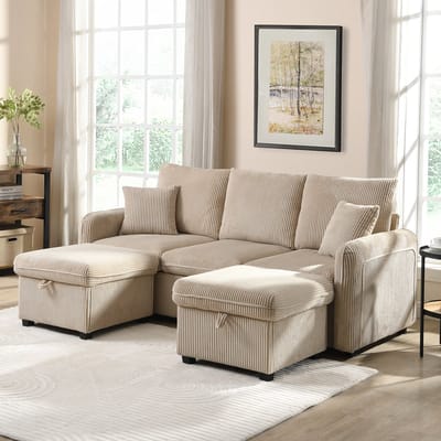 MODENUIT Hoekbank 3-Zits - Met Opberglades En Hockers Met Opbergruimte - Voor Woonkamer - Cordstof - Beige