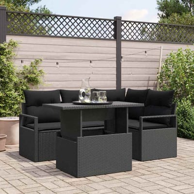 vidaXL Tuinbank Set met kussen met opslag 5 pcs Zwart Poly rattan