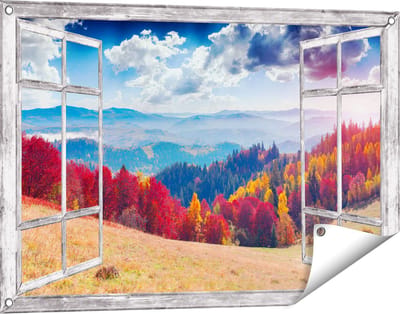 Gards Tuinposter Doorkijk Kleurrijke Herfstbos met Heuvellandschap - 90x60 cm - Tuindoek - Tuindecoratie - Wanddecoratie buiten - Tuinschilderij