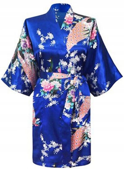 KIMU® Kimono Konings Blauw Kort - Maat XS-S - Yukata Satijn Boven de Knie - Korte Blauwe Ochtendjas Japanse Kamerjas Sexy Satijnen Badjas Geisha 158 Festival