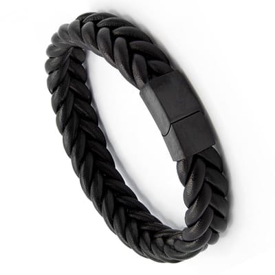 Victorious Gevlochten Leren Armband Heren – RVS Roestvrijstaal Sluiting – Zwart – 23cm