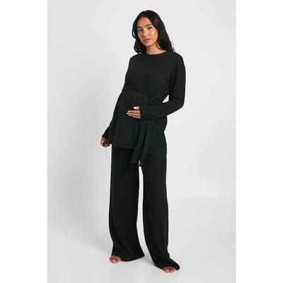 boohoo Dames Zwangerschapsloungewearset met strikdetail op de taille en ronde hals | Zwart | Maat: 38