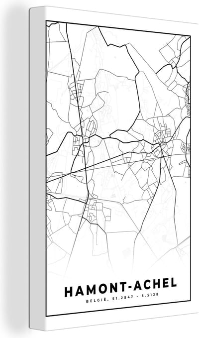 Canvas Schilderij Kaart – Plattegrond – Stadskaart – Hamont Achel – België – Zwart Wit - 20x30 cm - Wanddecoratie