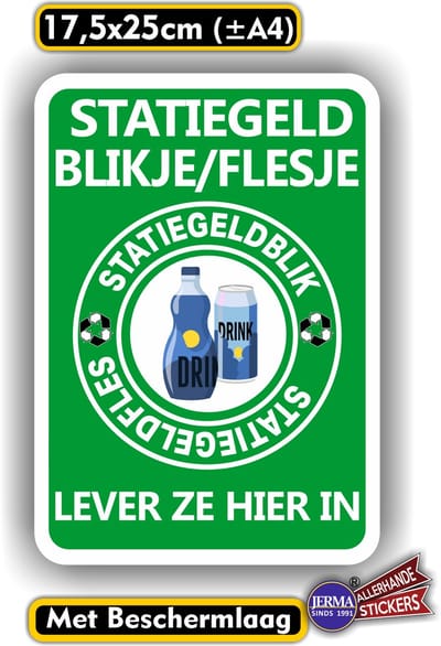 Jerma - Statiegeld - Sticker - blikjes flesjes - 17.5x25 cm - Zelfklevend - Weerbestendig - Krasvrij