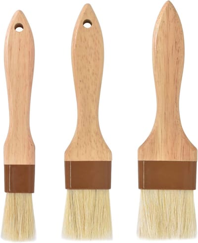Thijox - 3 Stuks Houten BBQ Kwasten - Keukenkwast voor Barbecue met Natuurlijke Borstelharen - Bakkwast met Lange Houten Handgreep voor Grillen, Koken