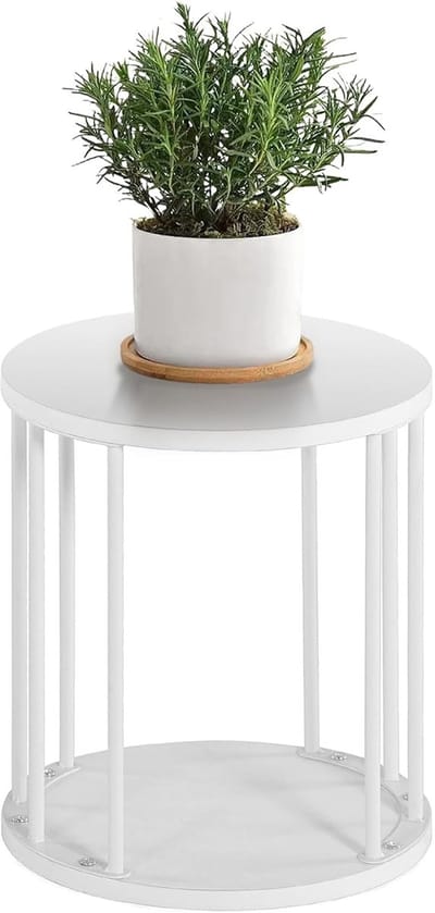 Ronde metalen plantensteun 35 cm, stevige en robuuste bloemensteun voor woonkamer, tuin, balkon, houten bloemenkruk, wit
