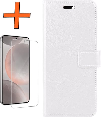Hoes - Met Screenprotector - Geschikt voor Samsung Galaxy S24 - Luxe Pasjeshouder - Bookcase Portemonee - Flip Case - Kunstleer Book Case - Flipcase - Book Cover - Walletcase - PortemonneeHoes - Wit