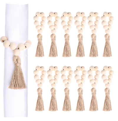 12 houten kraal servetringen met jute franje - set van 12 - natuurlijke decoratie - voor Bruiloft, Banket, Jubileum, Feest, Verjaardag, Festival