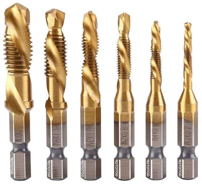 Set van 6 HSS Metrische Draad Tapsets, M3-M10 Spiral Fluit Tappen met 1/4" Hex Schacht, Ideaal voor Boren en Draadbewerking