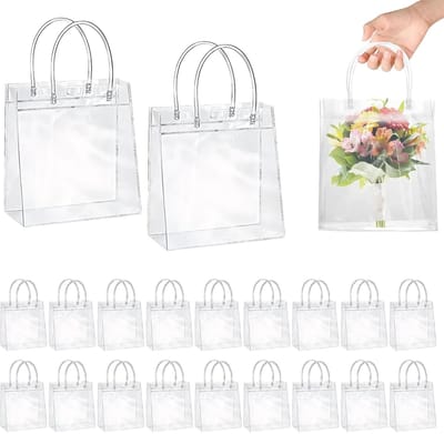 SnelShoppen - Transparante cadeauzakjes met handgrepen 20 stuks - 20x20x8 cm - Herbruikbare waterdichte PVC geschenkzakjes voor bruiloften, verjaardag