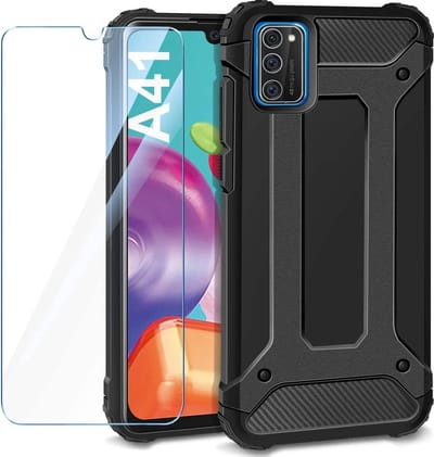 HB Hoesje Geschikt voor Samsung Galaxy A41 - Zwart - Anti Shock Hybrid Armor Back Cover + Tempered Glazen Screenprotector