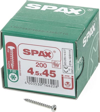 Spax - Spaanplaatschroeven - Torx 20 Bolkop 4,5 x 45mm - Voldraad - WIROX (200 stuks)