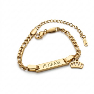 Armband met graveer, Armband met naam, Armband - gepersonaliseerd - goudkleurig - met kroonbedel - schakelarmband - verstelbaar, Armband met naamplaatje ,graveerarmband