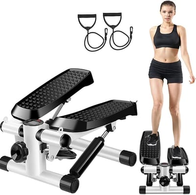 Stepper met display - Mini trainer - Thuistraining benen - Met weerstandsbanden - 120 kg draaglast - Wit en zwart