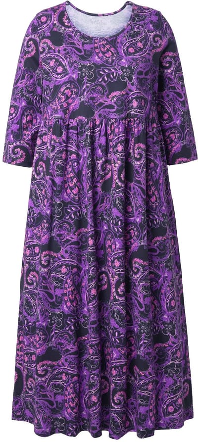 Ulla Popken - Dames - Maxi-jurk paisley A-lijn ronde hals 3/4-mouw zakken - Zwart - Maat 54+