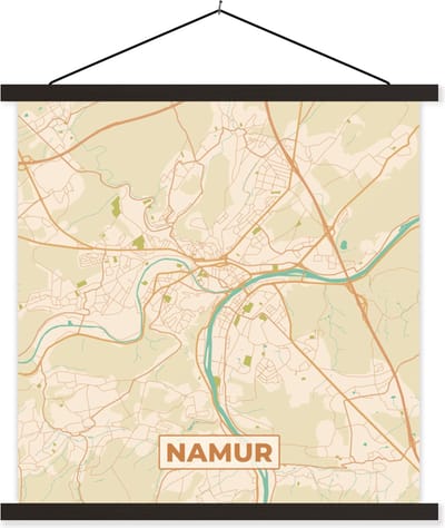 Posterhanger incl. Poster 60x60 cm - Schoolplaat - Kaart - Vintage - Plattegrond - Namur - Stadskaart - Textielposter - Zwarte latten - Stadskaart